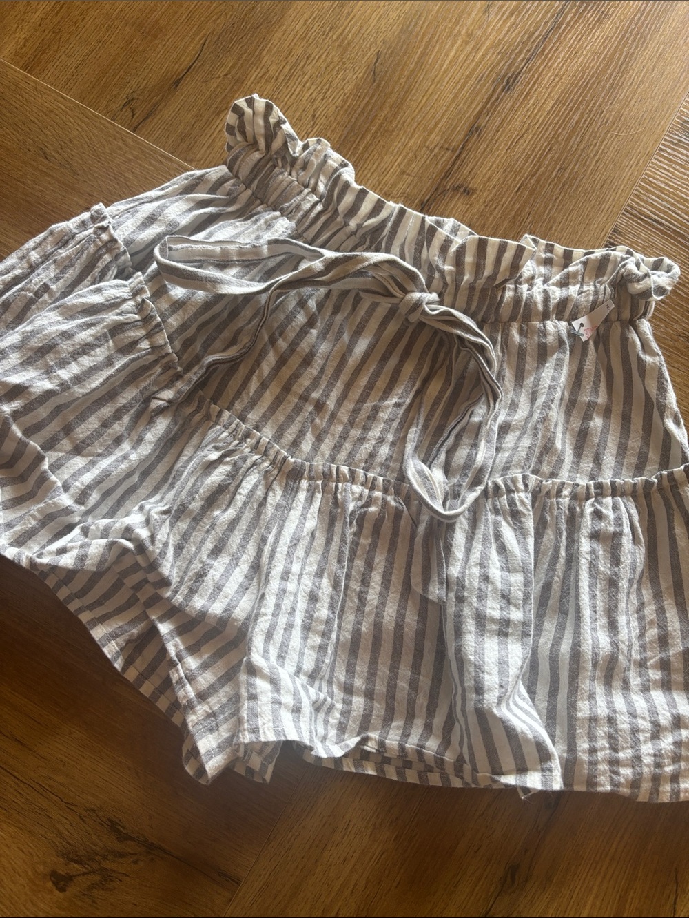 Olivaceous Beige and White Striped Tiered Mini Skirt